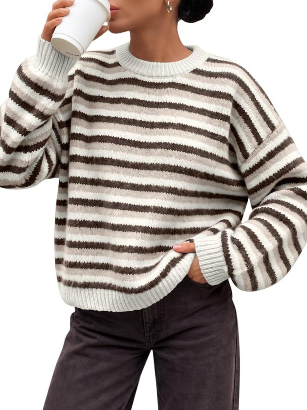 Women's Apricot Khaki Brown Striped Crew Neck Oversized Fall Knit Winter Sweater